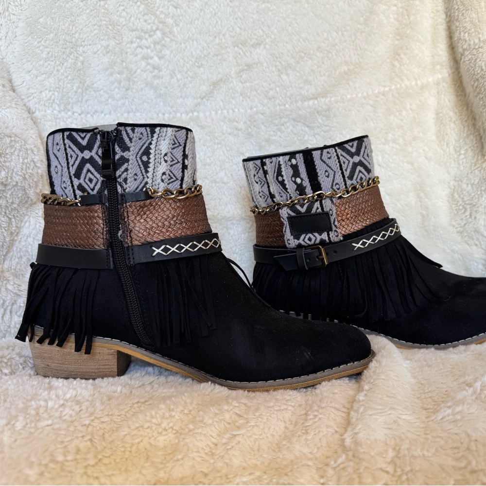 Black and Brown Fringe Ankle Boots
